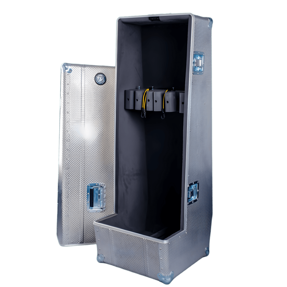 Scott Dixon double acoustic flight case in silver aluminium, open and empty, with neck dividers and yellow bungee cords