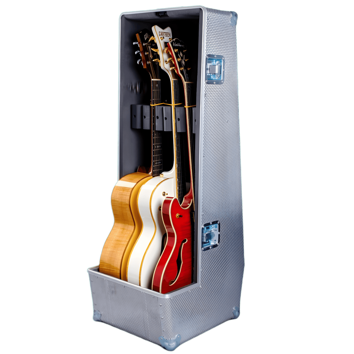 Scott Dixon aluminium guitar flight case standing open with hollow-body guitars resting in the neck dividers