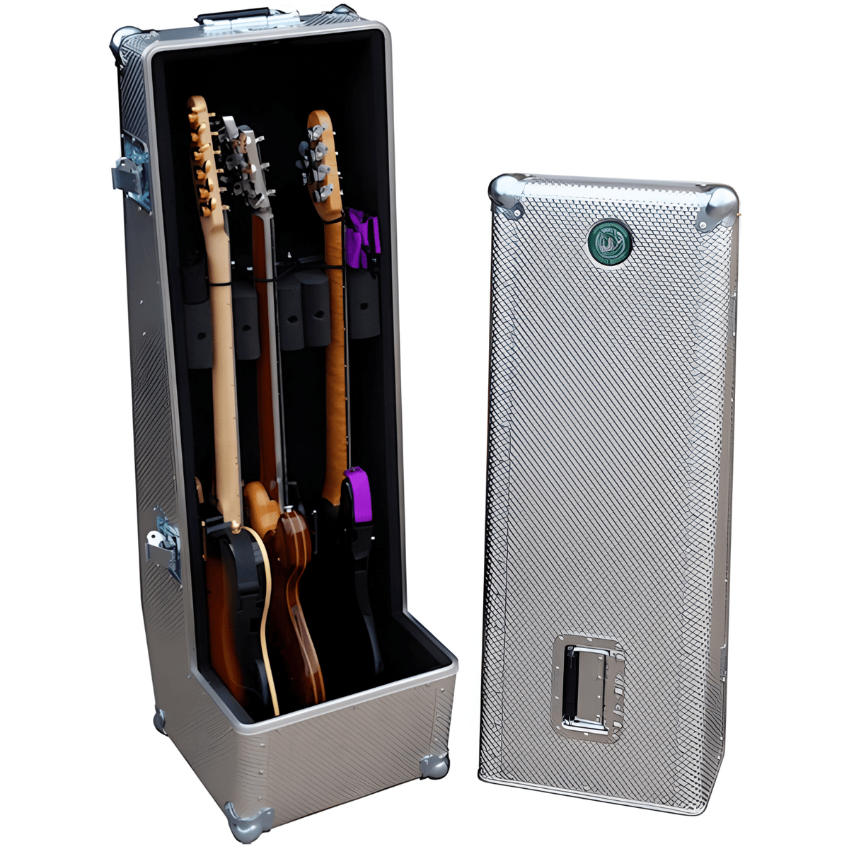 Scott Dixon triple guitar flight case in silver aluminium, open with three electric guitars, lid standing alongside