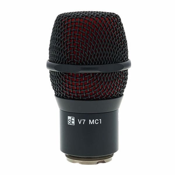 sE V7 MC1 Black capsule for Shure wireless: black grille over red windscreen, black body printed sE V7 MC1, threaded base