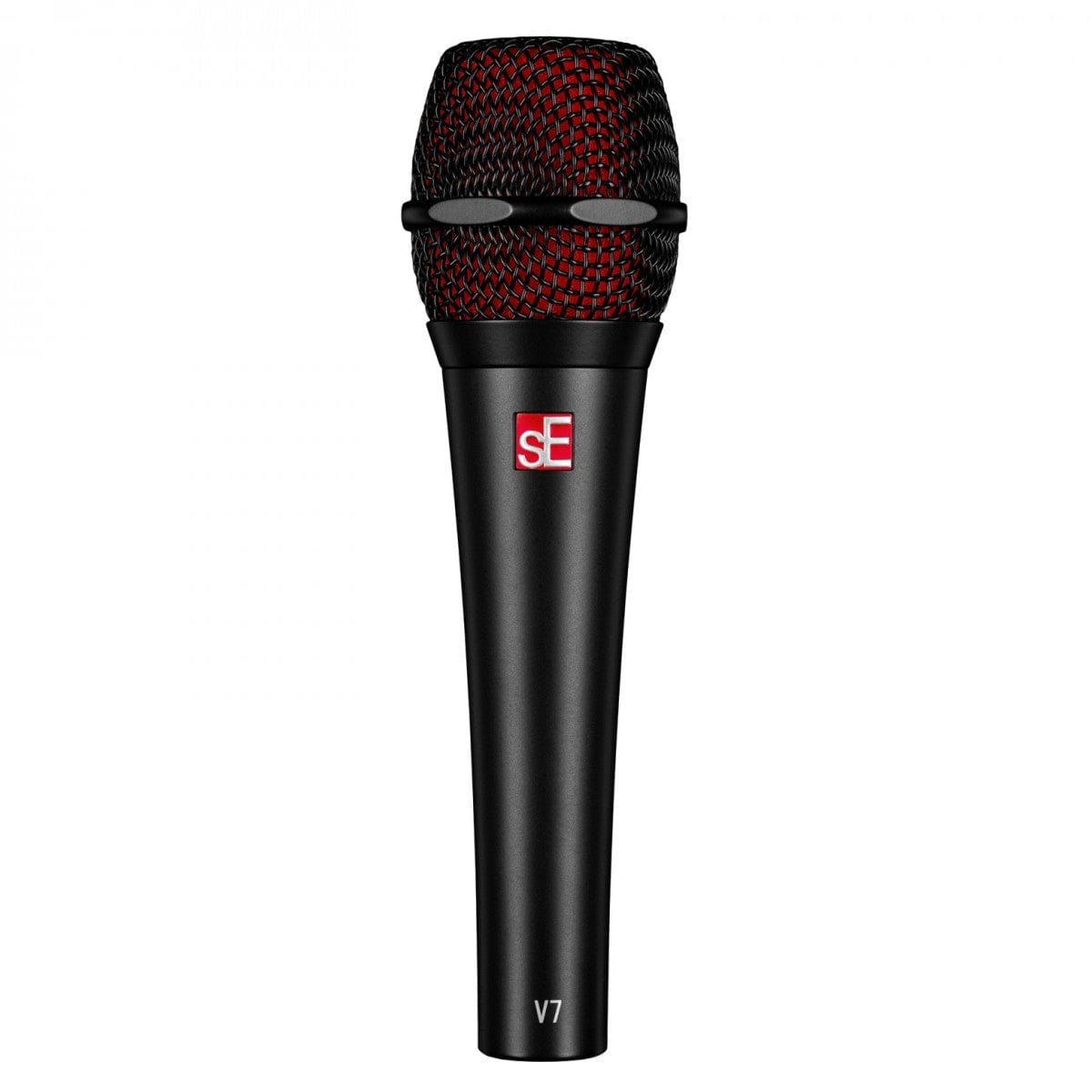 sE Electronics V7 Black dynamic vocal mic, front view: black grille over red internal windscreen, red sE badge and V7 print