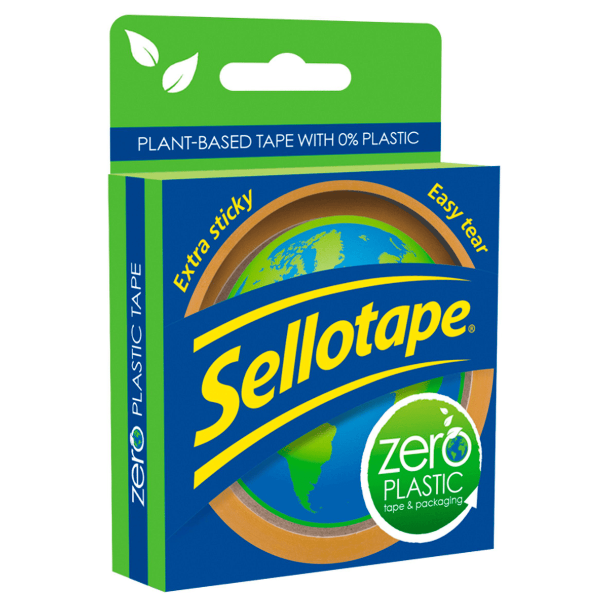 Sellotape Zero Plastic box, green pack reading plant-based tape with 0% plastic, extra sticky and easy tear