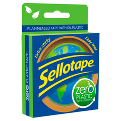Sellotape Zero Plastic box, green pack reading plant-based tape with 0% plastic, extra sticky and easy tear