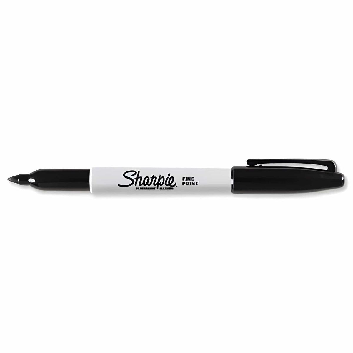 Black Sharpie Fine Point permanent marker with clip cap, shown side-on