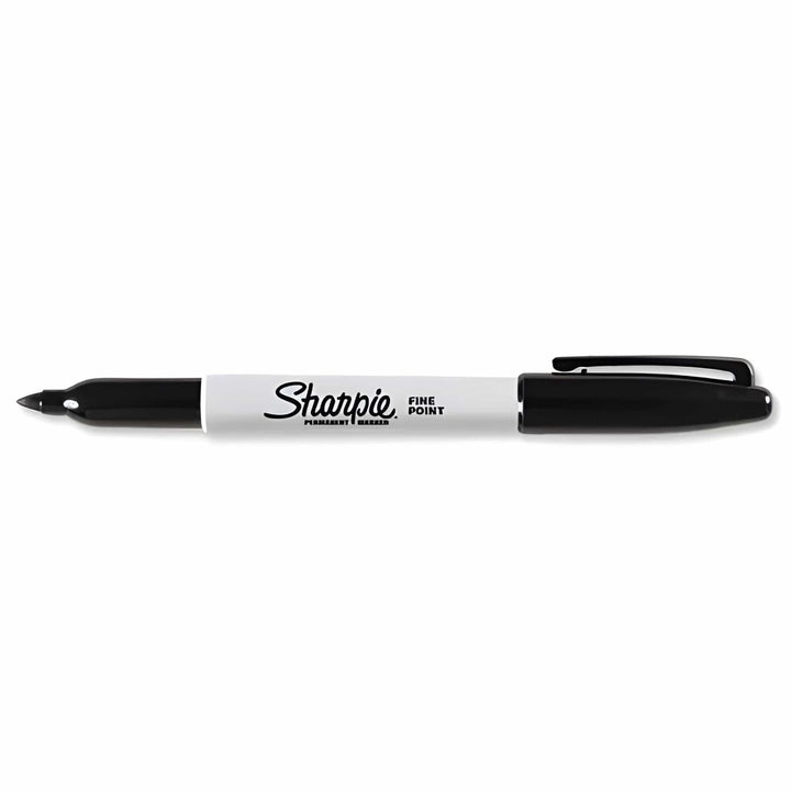 Black Sharpie Fine Point permanent marker with clip cap, shown side-on