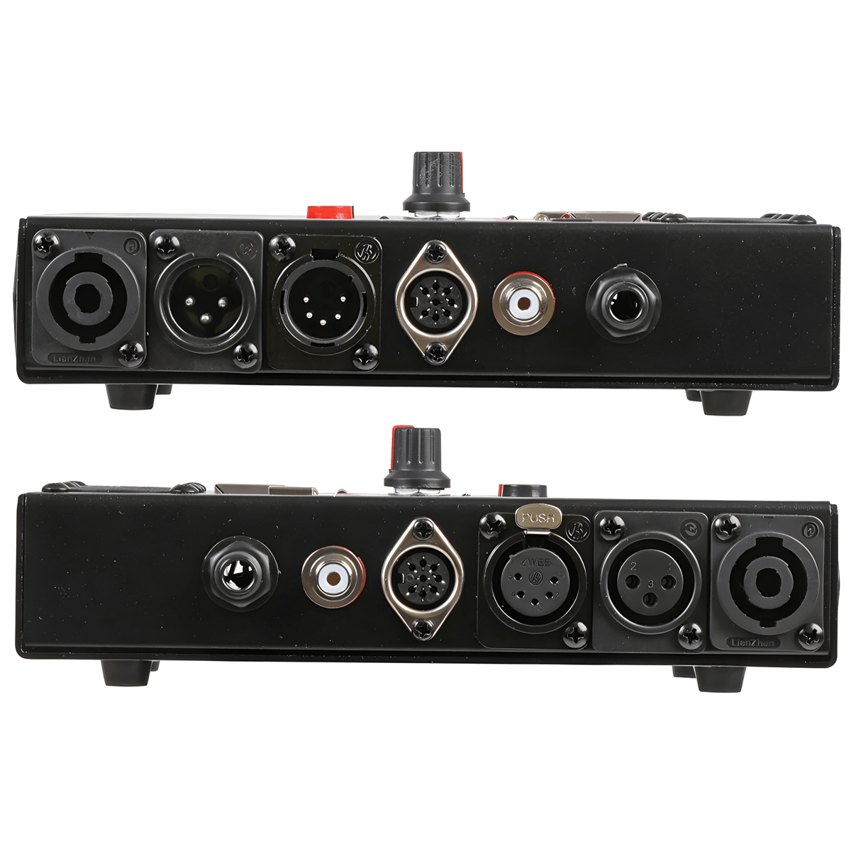 Both side panels of the Tenma 72-9966: Speakon, male and female XLR, DIN, phono and 6.3mm jack sockets