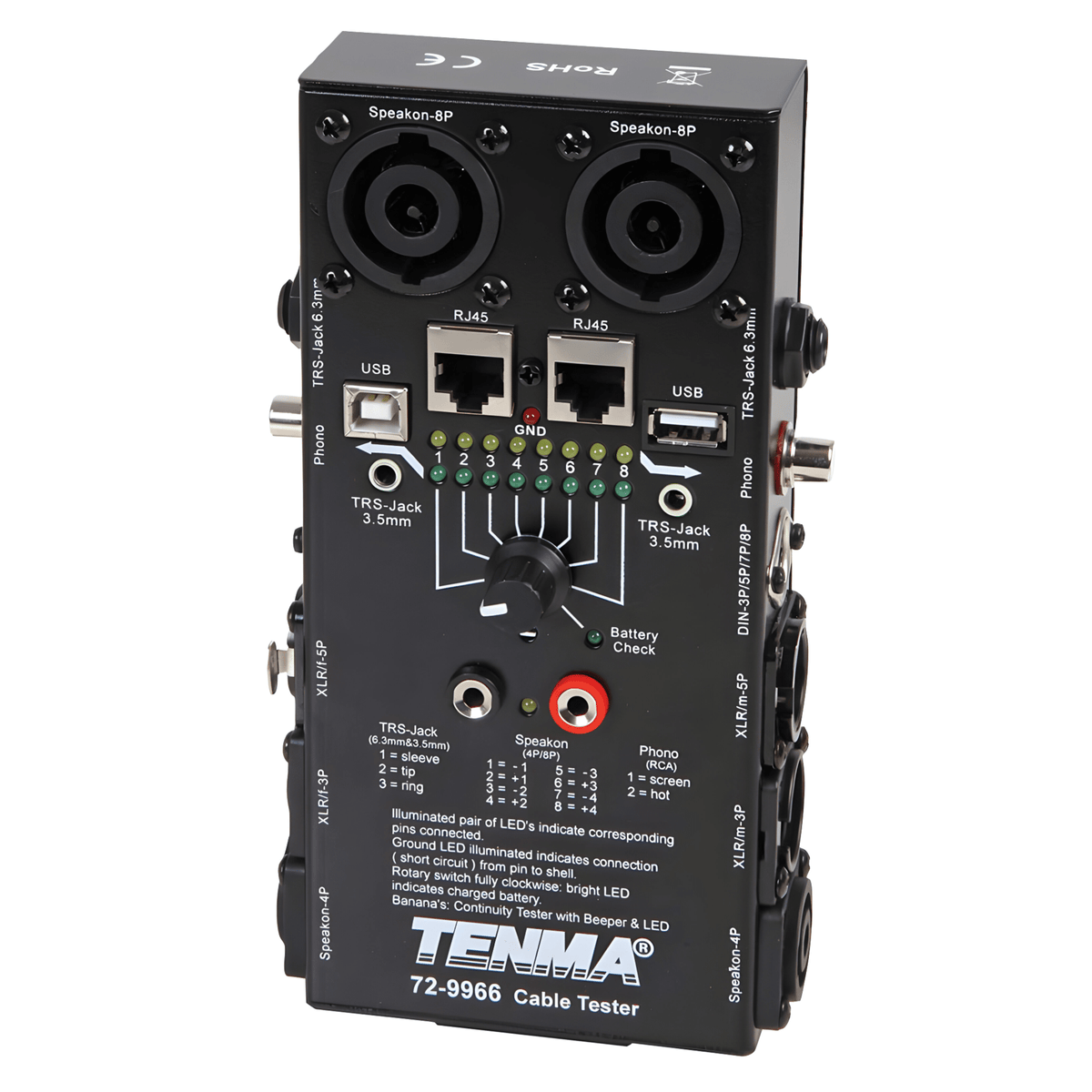 Tenma 72-9966 front panel: Speakon, RJ45, USB and 3.5mm jack sockets, LED row, rotary switch and banana sockets