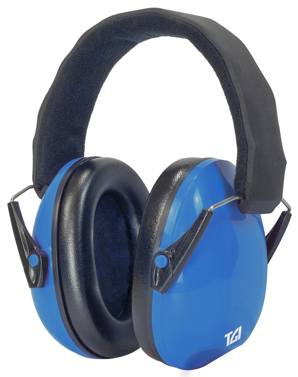 TGI Junior Ear Defenders in blue, front three-quarter view with black cushioned headband and TGI logo