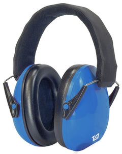 TGI Junior Ear Defenders in blue, front three-quarter view with black cushioned headband and TGI logo