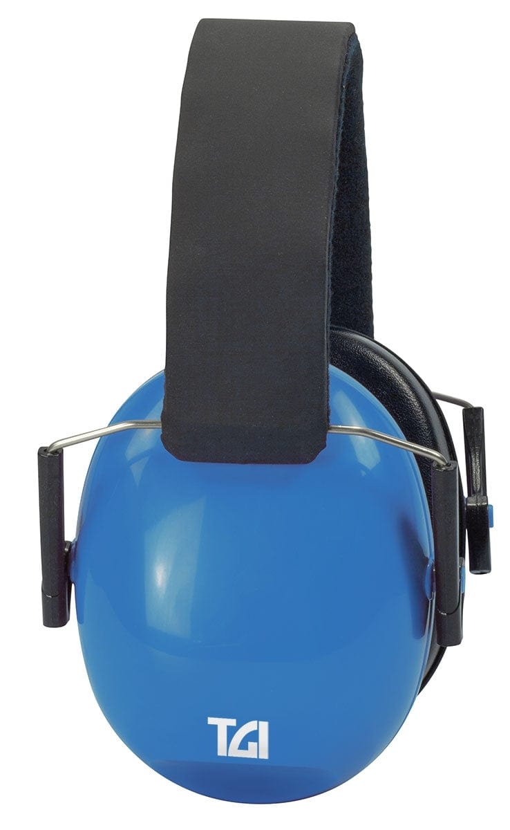 Profile of one blue TGI Junior ear cup with the TGI logo and wire height adjuster