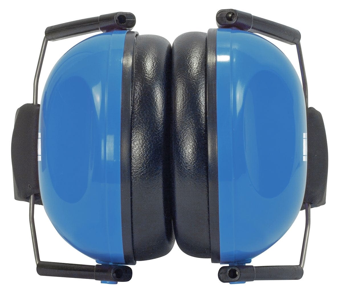 Top-down view of the blue ear cups pressed together, wire height adjusters extended