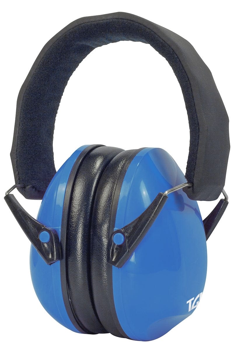 Side view of blue TGI Junior Ear Defenders with the cups closed together and headband raised