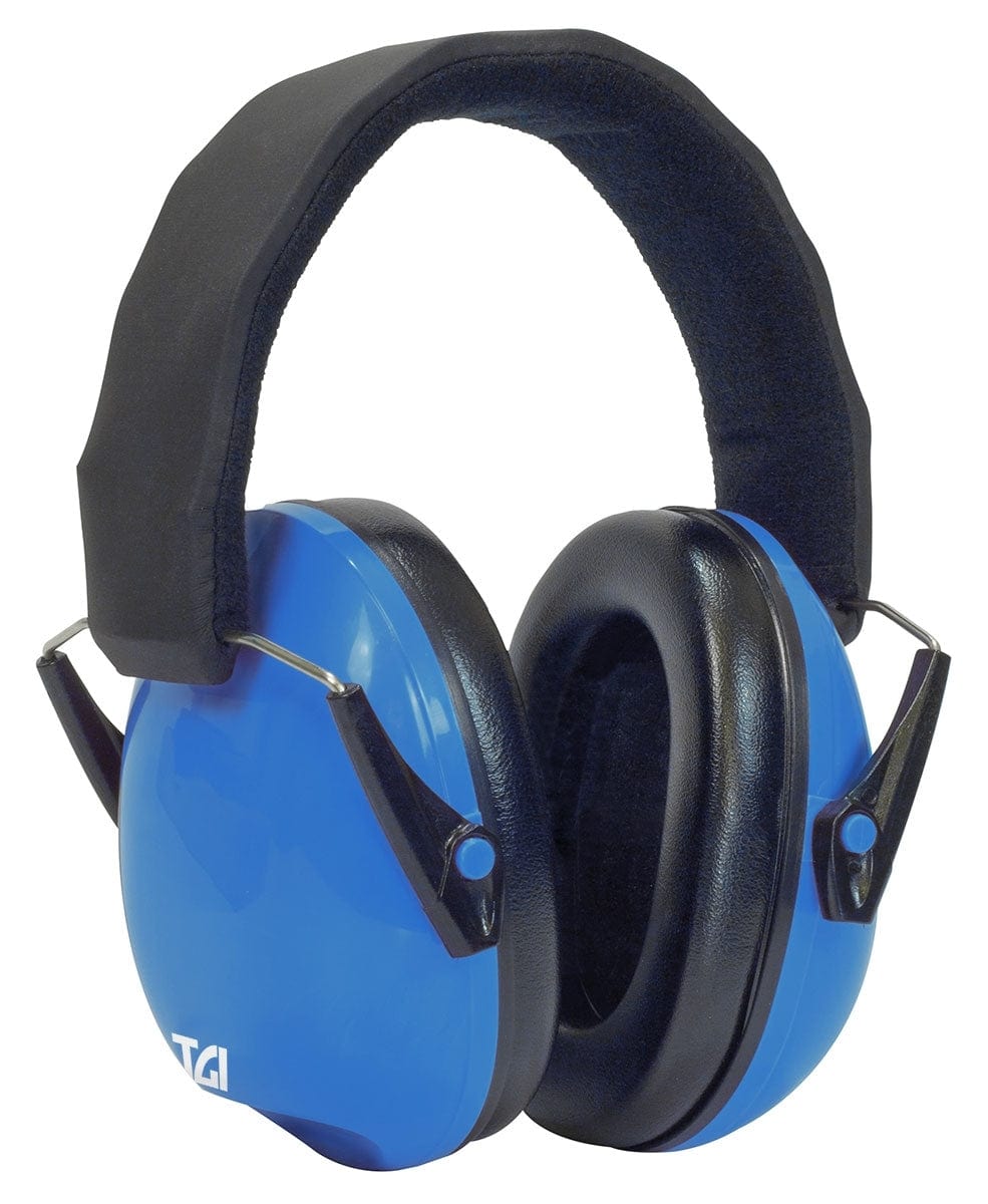 Blue TGI Junior Ear Defenders angled to show the black cushioned pad inside the right cup