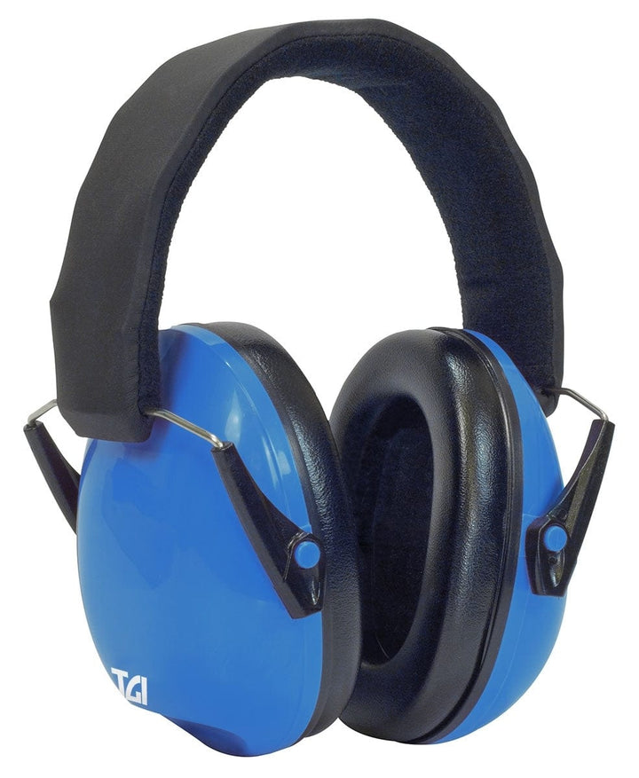 Blue TGI Junior Ear Defenders angled to show the black cushioned pad inside the right cup