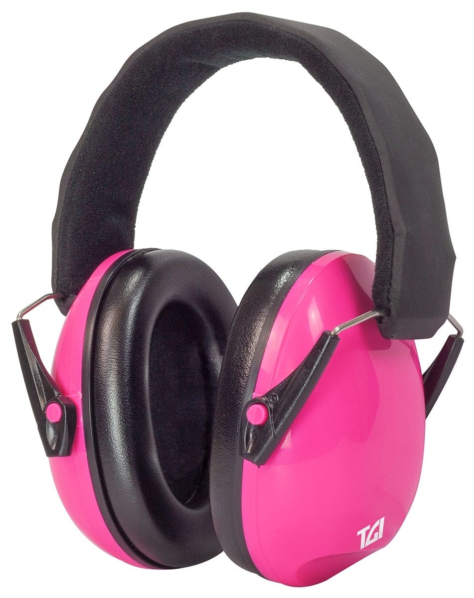 Pink TGI Junior Ear Defenders, front three-quarter view showing the left cup's black cushioned pad
