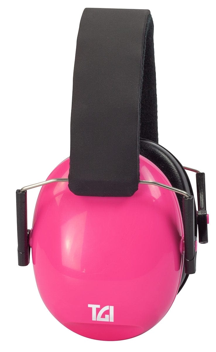 Profile of a pink TGI Junior ear cup with white TGI logo and wire headband slider