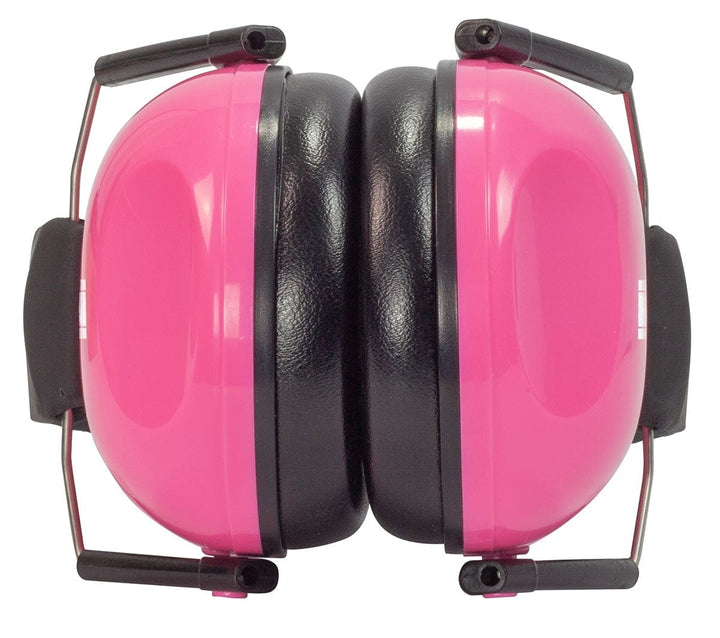 Pink ear cups of the TGI Junior Ear Defenders seen from above, pressed face to face
