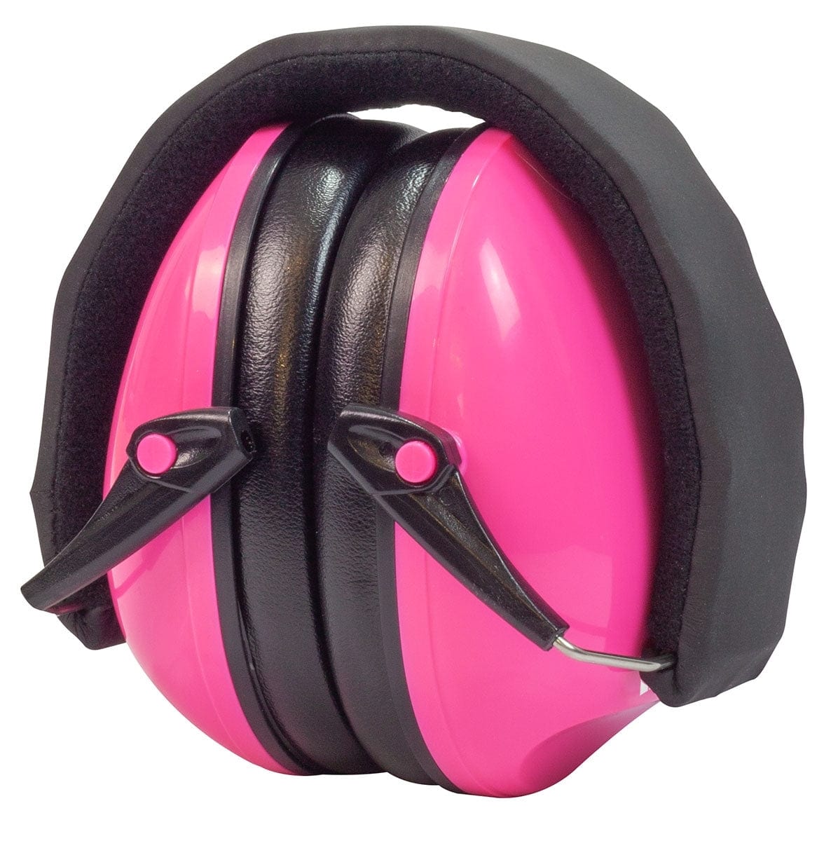 Pink TGI Junior Ear Defenders folded compactly with the cups tucked into the headband