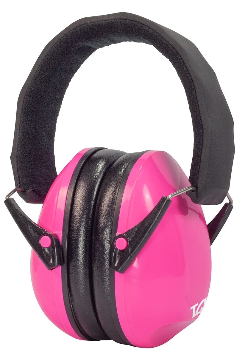 Side view of pink TGI Junior Ear Defenders with both cups together and the headband raised
