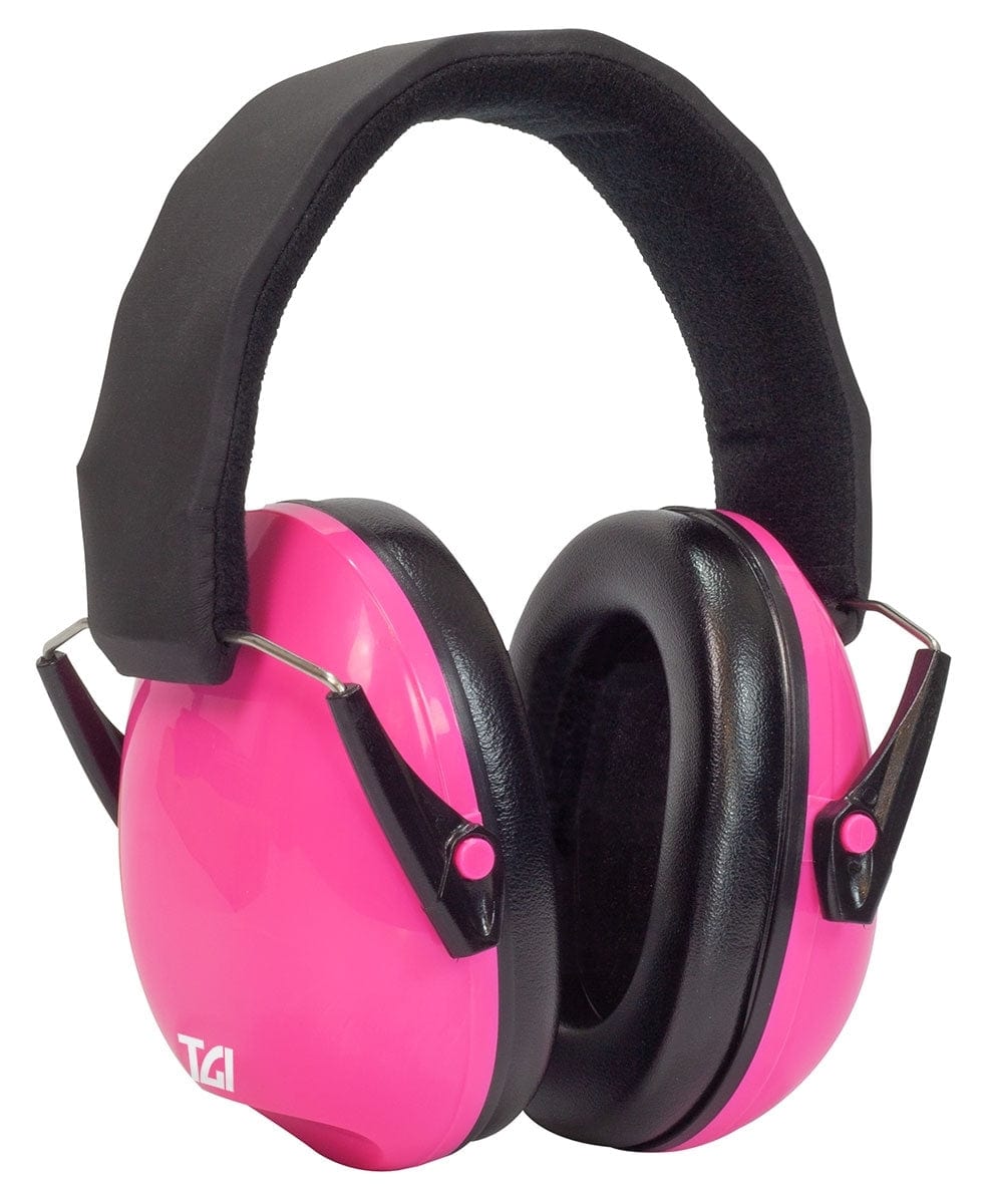Pink TGI Junior Ear Defenders angled to show the right cup's cushioned ear pad