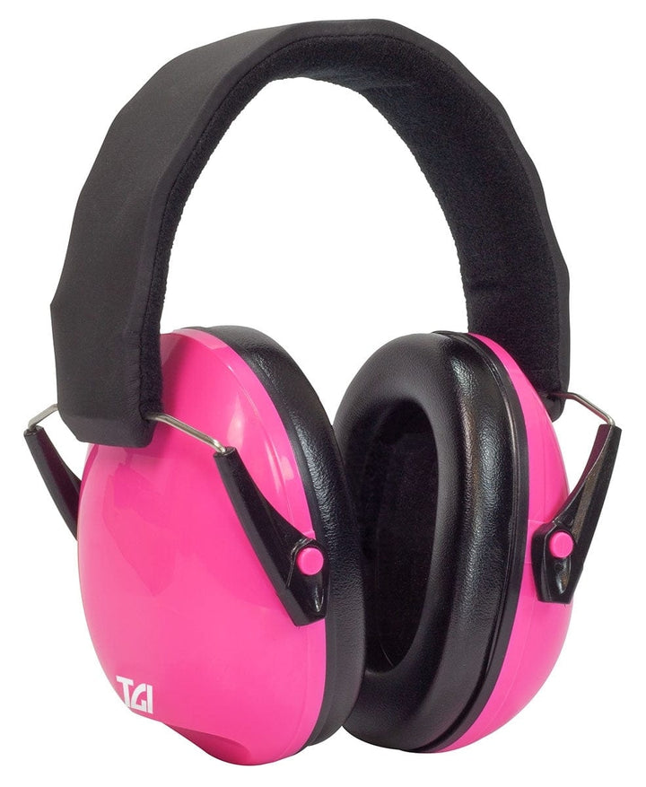 Pink TGI Junior Ear Defenders angled to show the right cup's cushioned ear pad