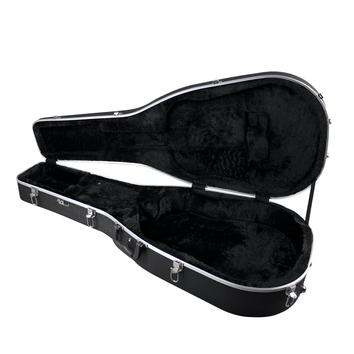 TGI 1302 acoustic guitar case open, showing the black plush lining, latches and carry handle