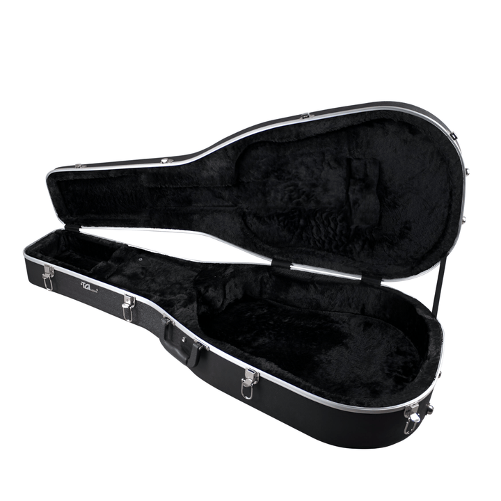 TGI 1302 acoustic guitar case open, showing the black plush lining, latches and carry handle