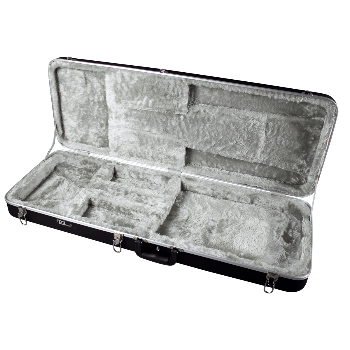 TGI 1303 hard case open, showing the light grey plush interior shaped for a Strat-style guitar