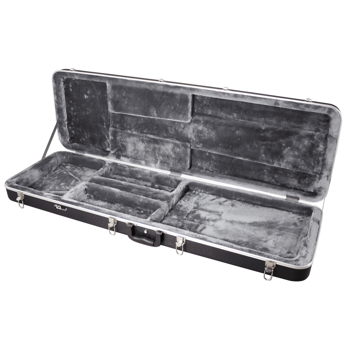 TGI 1304 bass case open, showing the grey plush lining, bass-shaped cavity and storage compartment
