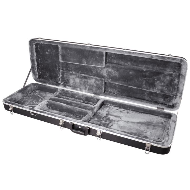 TGI 1304 bass case open, showing the grey plush lining, bass-shaped cavity and storage compartment