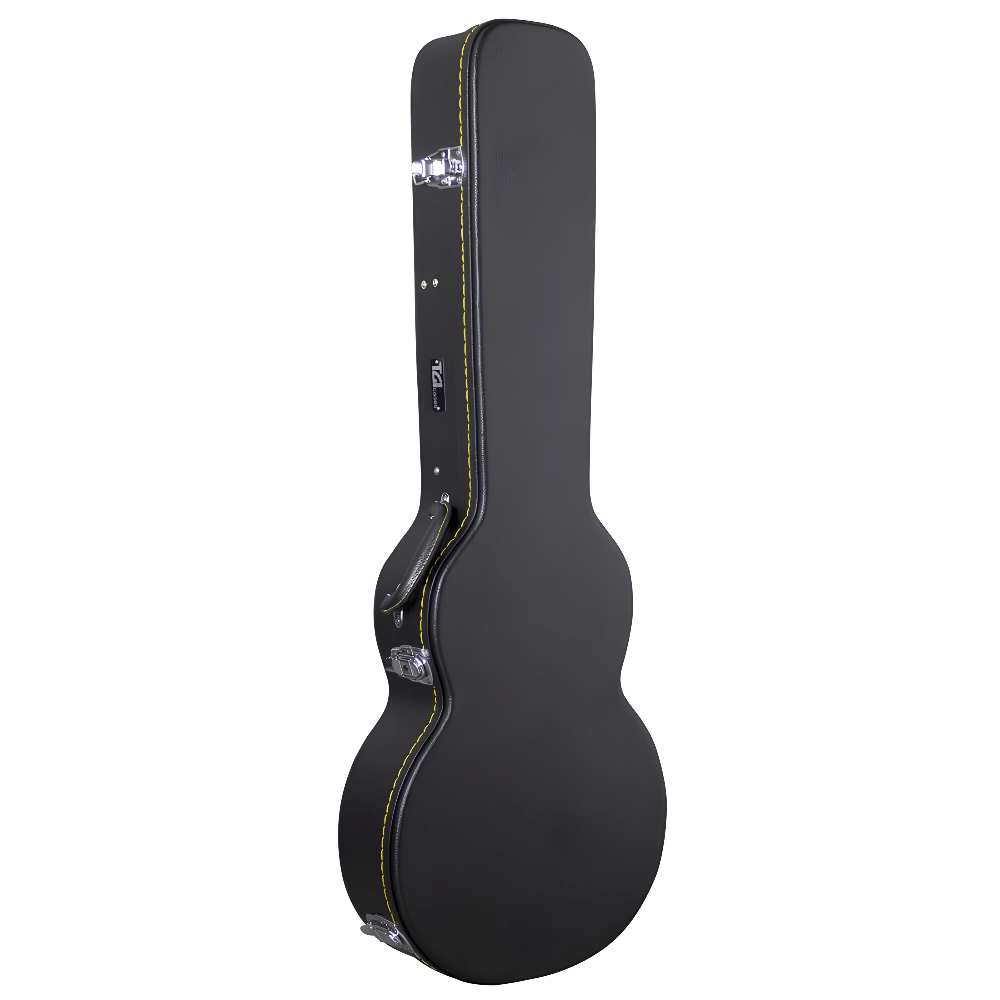 TGI 1994 Les Paul-style hard case closed, black leatherette with yellow accent stitching, handle and clasps