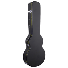 TGI 1994 Les Paul-style hard case closed, black leatherette with yellow accent stitching, handle and clasps