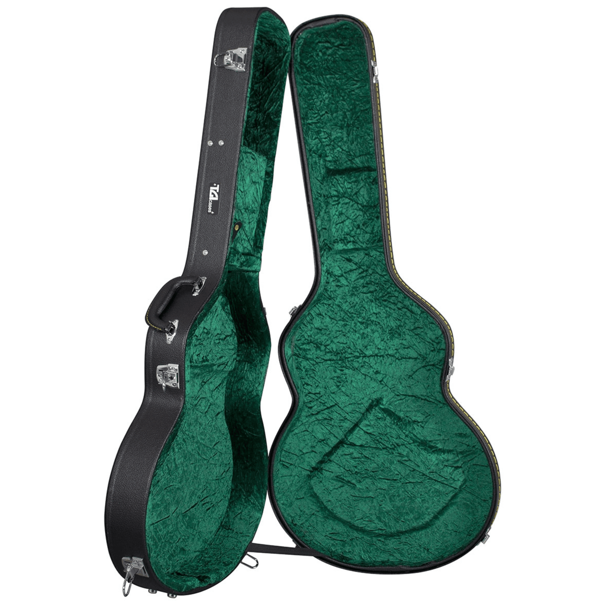 TGI 1995 335-style hard case open, showing the green plush interior shaped for a wide double-cut semi-hollow body