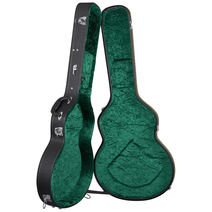 TGI 1995 335-style hard case open, showing the green plush interior shaped for a wide double-cut semi-hollow body