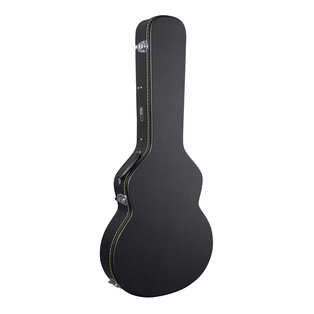 TGI 1995 335-style hard case closed, black leatherette with yellow accent stitching, side handle and clasps