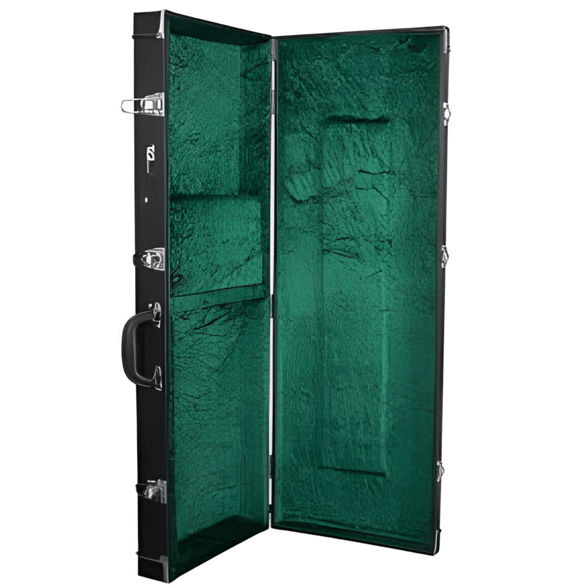 TGI 1996 rectangular electric guitar case open, showing the green plush-lined interior and lid