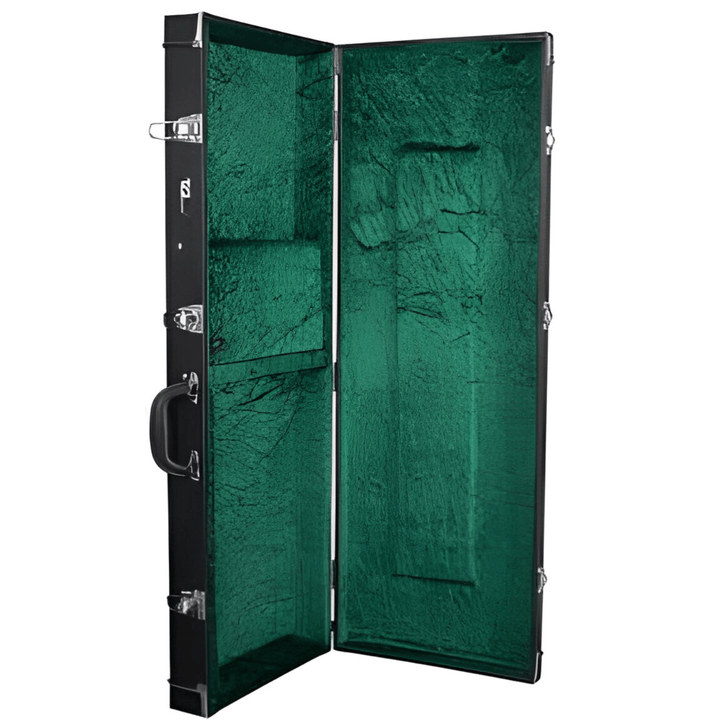 TGI 1996 rectangular electric guitar case open, showing the green plush-lined interior and lid