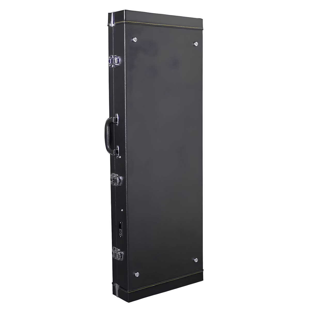 TGI 1996 rectangular electric guitar case closed, black leatherette with metal corners, three clasps and side handle