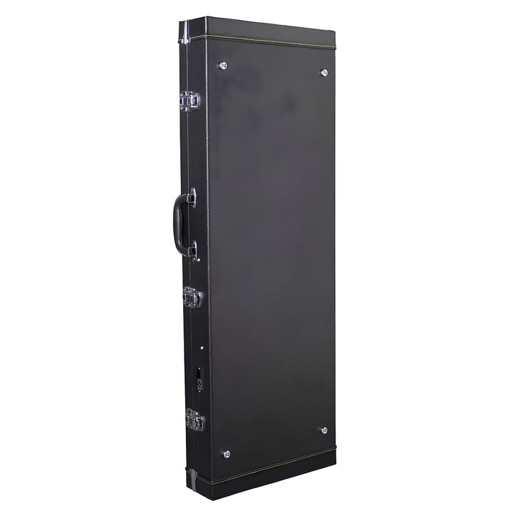 TGI 1996 rectangular electric guitar case closed, black leatherette with metal corners, three clasps and side handle