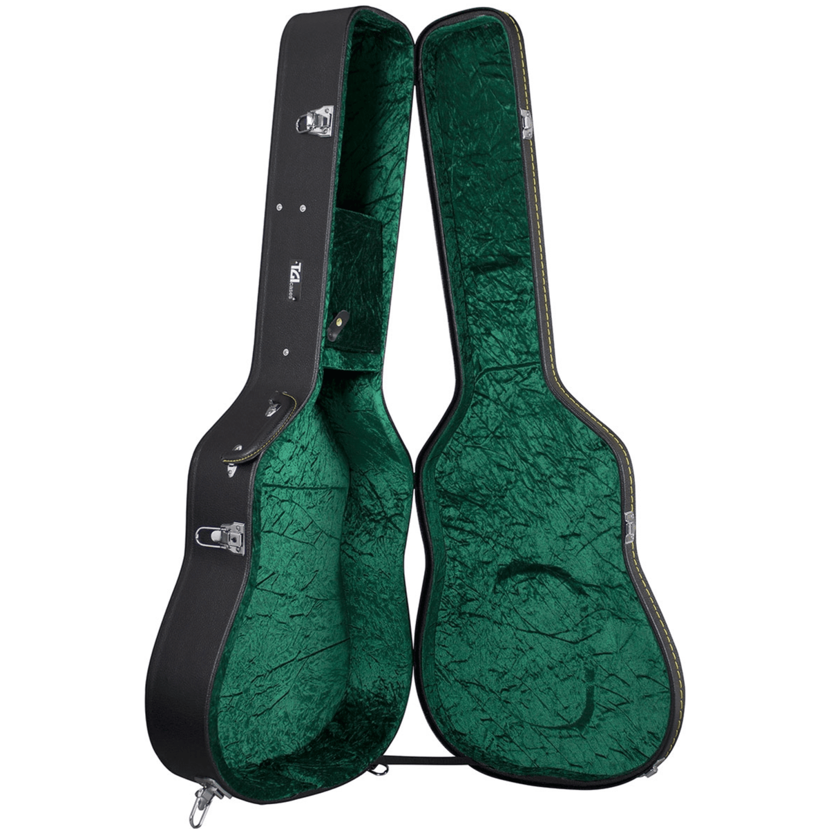 TGI 1997 dreadnought hard case open, showing the green plush lining shaped for a dreadnought body