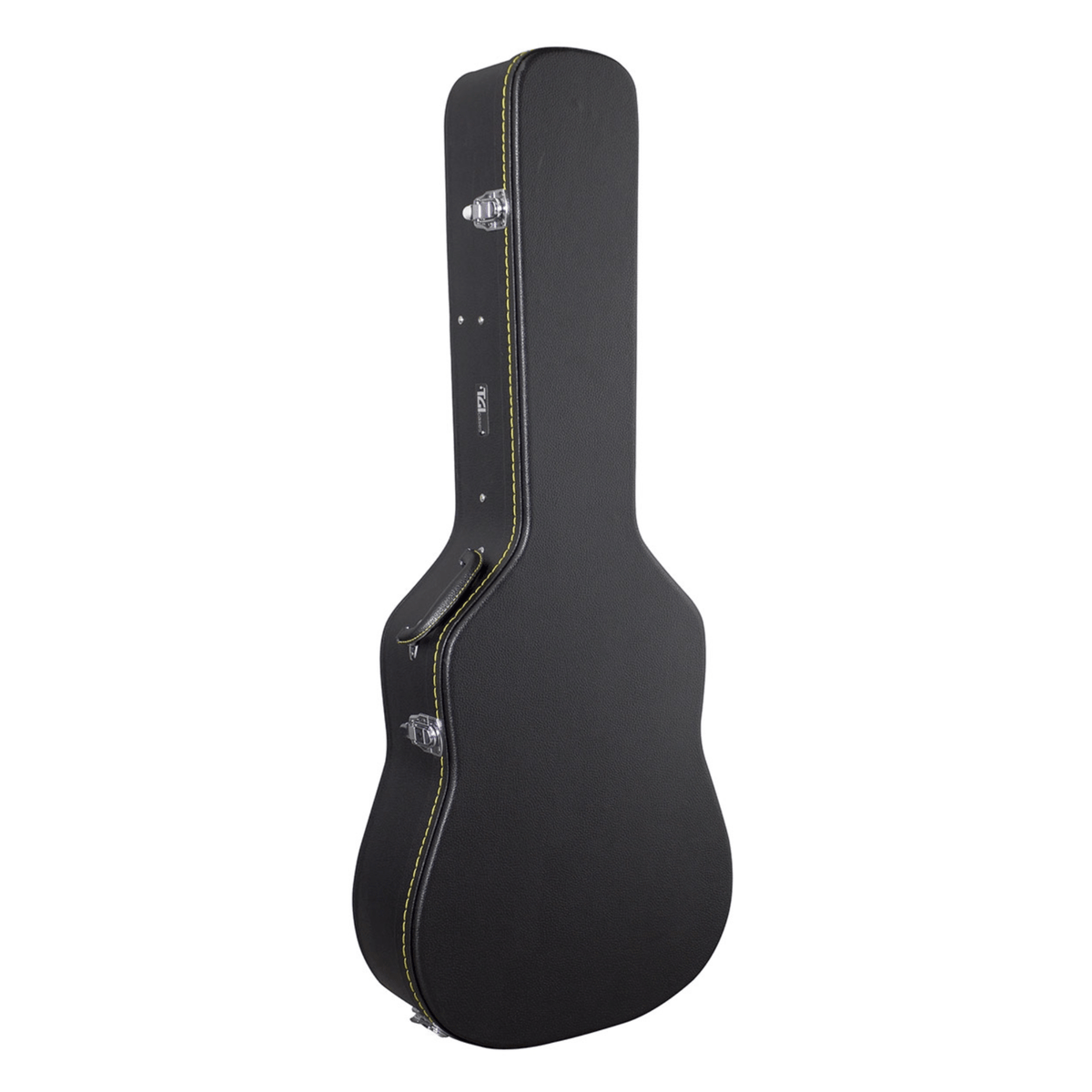 TGI 1997 dreadnought acoustic hard case closed, black leatherette with yellow accent stitching, handle and clasps