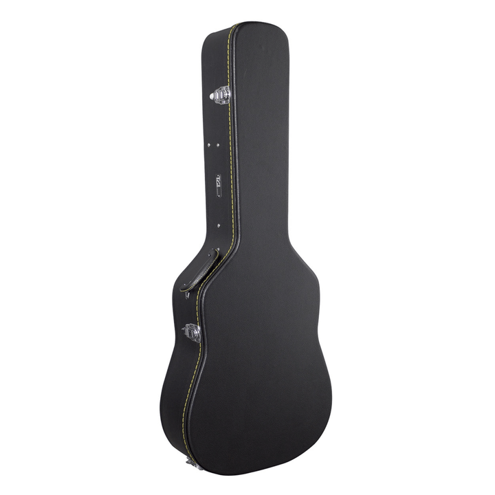 TGI 1997 dreadnought acoustic hard case closed, black leatherette with yellow accent stitching, handle and clasps