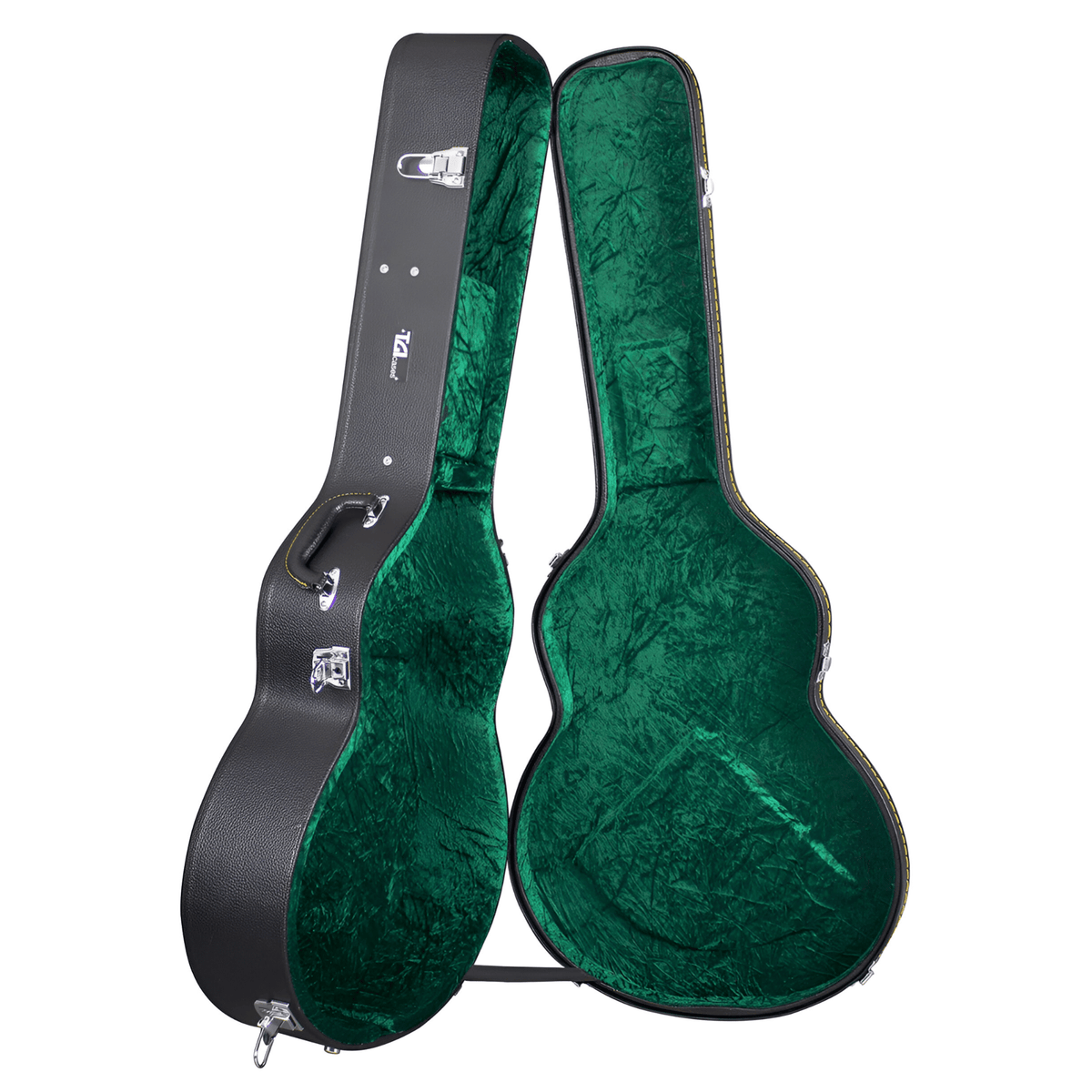 TGI 1999 jumbo hard case open, showing the green plush lining shaped for a wide J200-style body