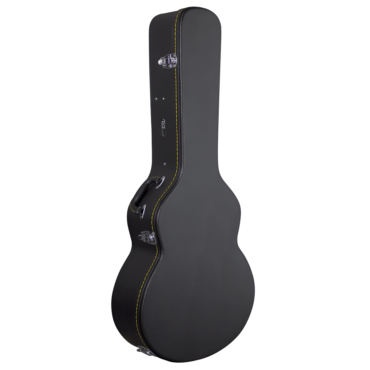 TGI 1999 J200-style jumbo hard case closed, black leatherette with yellow accent stitching, handle and clasps