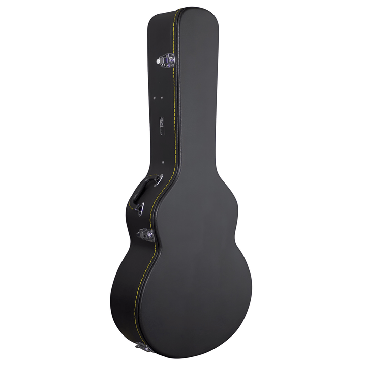 TGI 1999 J200-style jumbo hard case closed, black leatherette with yellow accent stitching, handle and clasps