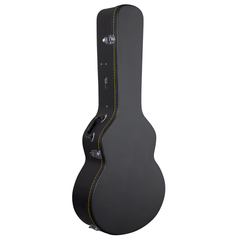 TGI 1999 J200-style jumbo hard case closed, black leatherette with yellow accent stitching, handle and clasps