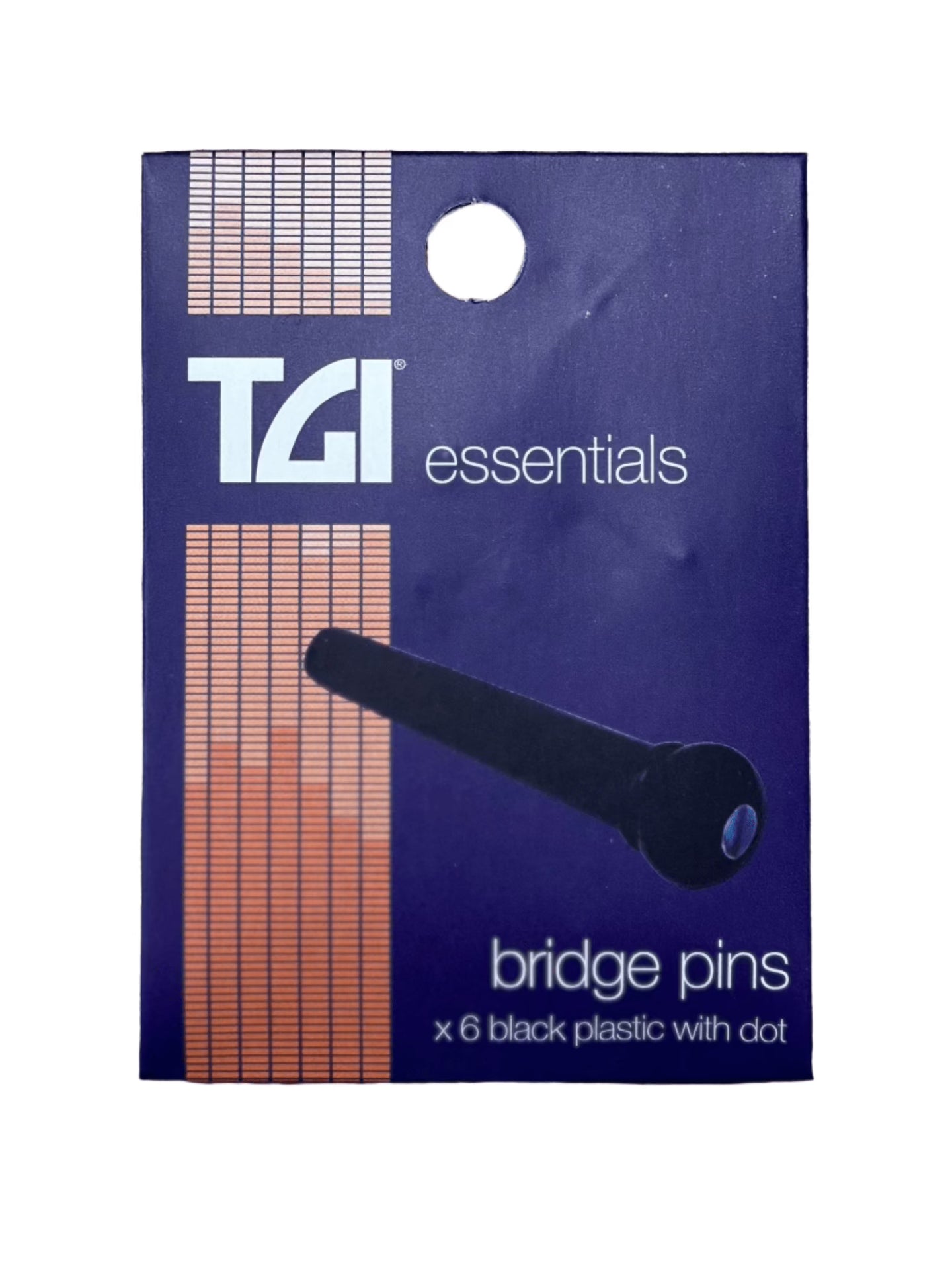 TGI Essentials bridge pins pack on a navy card: six black plastic pins with dot, one pin pictured on the front