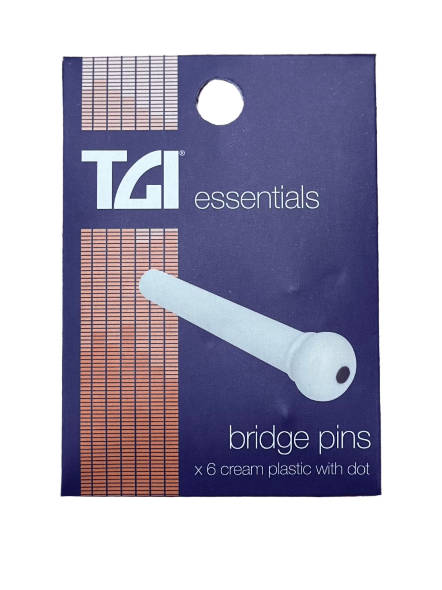 TGI Essentials bridge pins pack on a navy card: six cream plastic pins with black dot, one pin pictured on the front