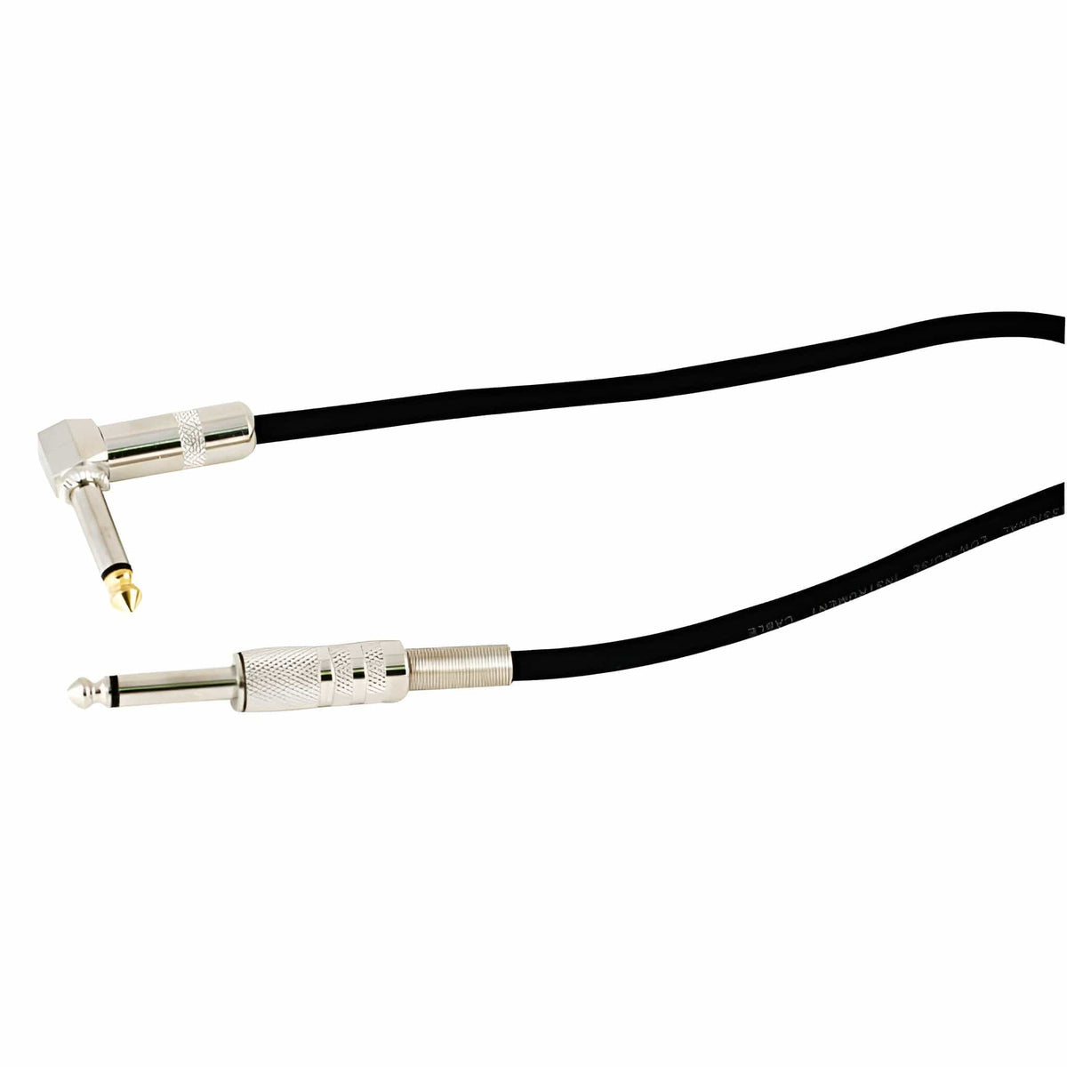 Close-up of the TGI cable's chrome straight and right-angle 6.35mm jack plugs on black cable
