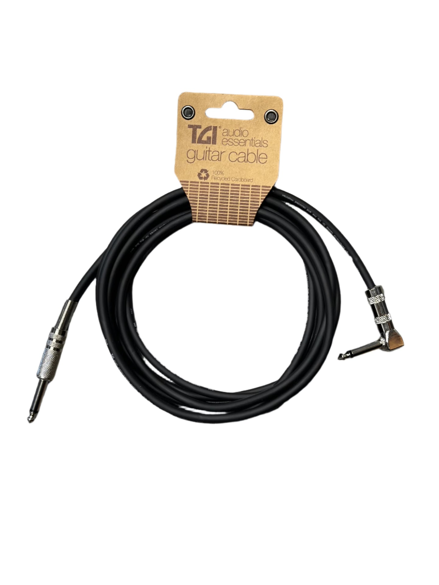 TGI Audio Essentials 3m guitar cable coiled with its cardboard header, straight jack one end and right-angle jack the other